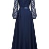 Women's Wedding Guest A-Line Dress Floral Lace Deep V Neck Long Sleeve Formal Evening Gown