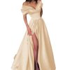 Women's Off The Shoulder Satin Prom Dress with Pockets Long Backless A-Line Formal Evening Gowns with Slit