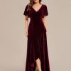 Women's Velvet Ruffle Sleeve V-Neck Wrap Waist Maxi Dress High Low Wedding Guest Dresses 02041