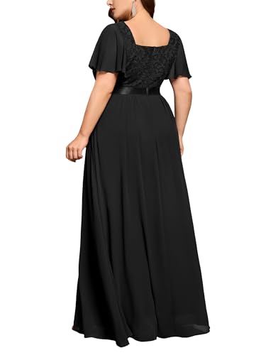Women's Plus Size Floral Lace Ruffle Sleeves Beads Waist Chiffon Formal Party Maxi Dress
