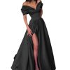 Women's Off The Shoulder Satin Prom Dress with Pockets Long Backless A-Line Formal Evening Gowns with Slit