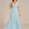 Women's Chiffon A-Line Ruched Short Sleeves Applique Waist V Neck Formal Dresses and Evening Gowns
