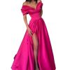 Women's Off The Shoulder Satin Prom Dress with Pockets Long Backless A-Line Formal Evening Gowns with Slit