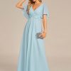 Women's Chiffon A-Line Ruched Short Sleeves Applique Waist V Neck Formal Dresses and Evening Gowns