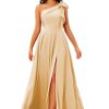 One Shoulder Bridesmaid Dress with Bow Long Prom Dress Satin Formal Gown with Slit BI151