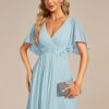 Women's Chiffon A-Line Ruched Short Sleeves Applique Waist V Neck Formal Dresses and Evening Gowns