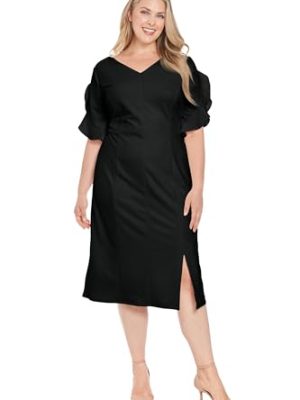 31KxEfqpkJL.jpg Women's V-Neck Midi Sheath Ruffle Sleeves-Front Slit-Elegant Wedding Guest Cocktail Dress