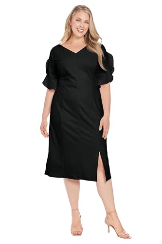 31KxEfqpkJL.jpg Women's V-Neck Midi Sheath Ruffle Sleeves-Front Slit-Elegant Wedding Guest Cocktail Dress