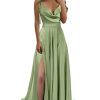 Cowl Neck Satin Bridesmaid Dresses Long with Slit Spaghetti Straps Formal Prom Evening Gowns with Pockets 2025