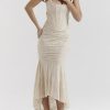 Elegant Lace Bodycon Fishtail Dress Wedding Guest Fishbone Shoulder Strap Ruched Midi Party Dress for Women