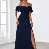 Women's Formal Dresses Off Shoulder Short Sleeve Split A-Line Floor Length Bridesmaid Dresses 0237