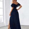 Women's Formal Dresses Off Shoulder Short Sleeve Split A-Line Floor Length Bridesmaid Dresses 0237