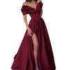Women's Off The Shoulder Satin Prom Dress with Pockets Long Backless A-Line Formal Evening Gowns with Slit
