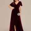Women's Velvet Ruffle Sleeve V-Neck Wrap Waist Maxi Dress High Low Wedding Guest Dresses 02041
