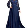 Women's Wedding Guest A-Line Dress Floral Lace Deep V Neck Long Sleeve Formal Evening Gown