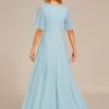 Women's Chiffon A-Line Ruched Short Sleeves Applique Waist V Neck Formal Dresses and Evening Gowns