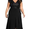 Women's Summer V Neck A Line Sequin Cap Sleeves Tea Length Plus Size Formal Wedding Guest Dresses