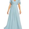 Women's Chiffon A-Line Ruched Short Sleeves Applique Waist V Neck Formal Dresses and Evening Gowns