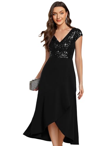 31by3c8dg1L.jpg Women's Elegant V Neck Sequin Short Sleeve Hi-Lo Tea Length Evening Gowns 02325