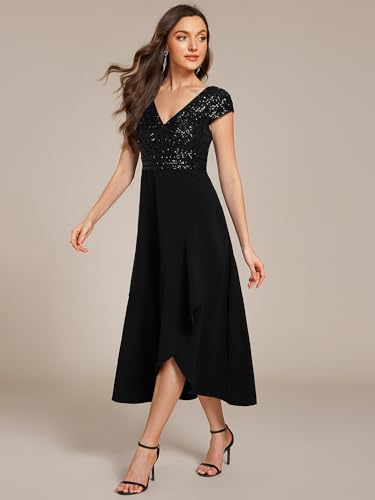 31gcjreNWL.jpg Women's Elegant V Neck Sequin Short Sleeve Hi-Lo Tea Length Evening Gowns 02325