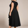 Women's Summer V Neck A Line Sequin Cap Sleeves Tea Length Plus Size Formal Wedding Guest Dresses