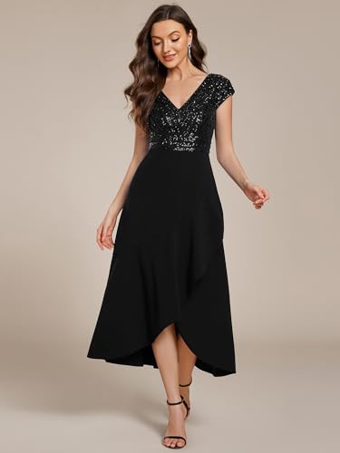31m2MKyJqQL.jpg Women's Elegant V Neck Sequin Short Sleeve Hi-Lo Tea Length Evening Gowns 02325