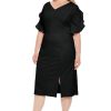 31mJOm80tUL.jpg Women's V-Neck Midi Sheath Ruffle Sleeves-Front Slit-Elegant Wedding Guest Cocktail Dress