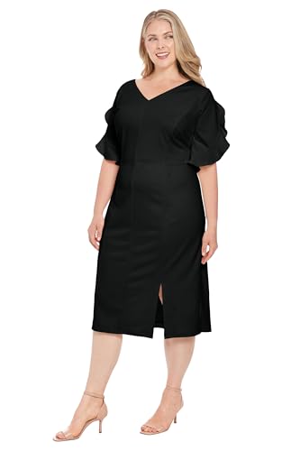 31mJOm80tUL.jpg Women's V-Neck Midi Sheath Ruffle Sleeves-Front Slit-Elegant Wedding Guest Cocktail Dress