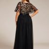 Women's Round Neck Short Sleeves Plus Size A-Line Tulle Sequin Formal Evening Dresses 0904-DA2
