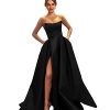 Womens Long Strapless Satin Prom Dress Sleeveless Slit Evening Ball Gown with Pockets