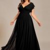 31ofiUak9zL.jpg Women's Summer Chiffon Ruffles Sleeve Pleated Back Cutout Plus Size Bridesmaid Dresses Formal Gowns
