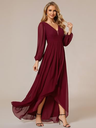 Women's Fall Lantern Sleeve A Line High Low Bridesmaid Dresses 02043