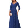 Chiffon Mother of The Bride Dresses for Wedding with 3/4 Sleeves Long Ruched Applique Formal Dress RS111