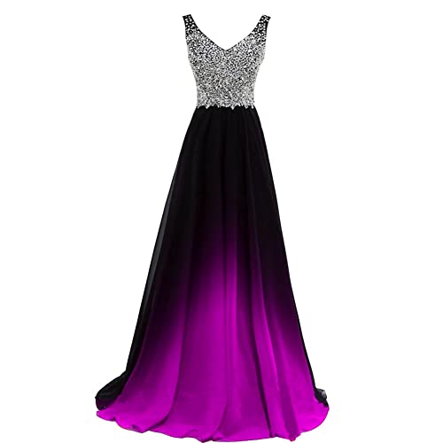 31twEzLGMRL.jpg Women Formal Beaded Gradient Black Ombre Chiffon Long Prom Evening Dresses