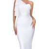 Women's One Shoulder Cocktail Bandage Dress Midi Party Mesh Bow Bodycon Wedding Guest Dresses