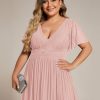 411ZoMrPqQL.jpg Women's A Line V Neck Glitter Short Sleeves Pleated Plus Size Formal Evening Dresses 11961-DA