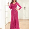 Glitter Sequin Formal Evening Gown Long Sleeve V Neck Wedding Guest Dress for Women
