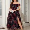 Womens Wedding Guest 2025 Elegant Classy Off The Shoulder Dress Floral Sleeveless Tulle Split Cocktail Party Maxi Dresses