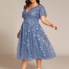 413nFcs3aML.jpg Women's V Neck Short Sleeves Embroidery Empire Waist Sequin Plus Size Midi Cocktail Wedding Guest Dresses 2230-DA