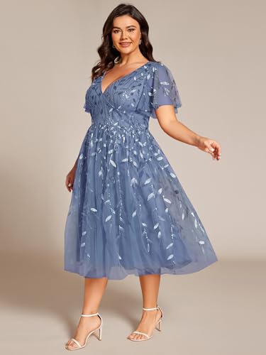 413nFcs3aML.jpg Women's V Neck Short Sleeves Embroidery Empire Waist Sequin Plus Size Midi Cocktail Wedding Guest Dresses 2230-DA