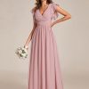 Women's Flowy Chiffon A Line Ruffles Sleeves Back Cutout Bridesmaid Dresses 01819