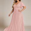 4149ncj2QXL.jpg Women's A Line V Neck Glitter Short Sleeves Pleated Plus Size Formal Evening Dresses 11961-DA