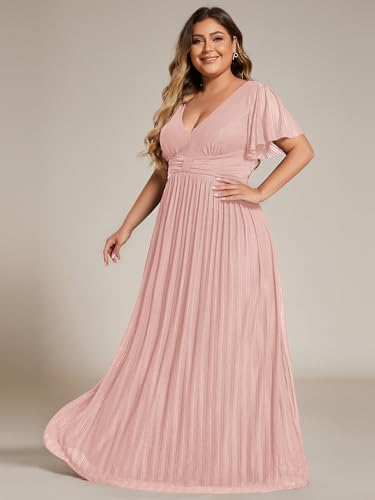 4149ncj2QXL.jpg Women's A Line V Neck Glitter Short Sleeves Pleated Plus Size Formal Evening Dresses 11961-DA