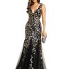 Women's Formal Dress Sequin Tulle Double V-Neck Sleeveless Mermaid Long Evening Dress 07886