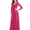 Glitter Sequin Formal Evening Gown Long Sleeve V Neck Wedding Guest Dress for Women