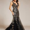Women's Formal Dress Sequin Tulle Double V-Neck Sleeveless Mermaid Long Evening Dress 07886