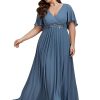 Chiffon V Neck Short Sleeves Appliques Plus Size Formal Dresses for Curvy Women Evening Gowns 01960-DA