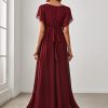 Women's Bridesmaid Dress V-Neck Ruffle Sleeves Ruched Bust Floor Length Chiffon Formal Dresses 0164A