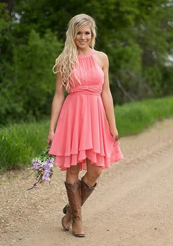 Halter Chiffon Bridesmaid Dresses for Wedding A Line Ruffle Formal Evening Gowns