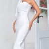 Women's One Shoulder Cocktail Bandage Dress Midi Party Mesh Bow Bodycon Wedding Guest Dresses